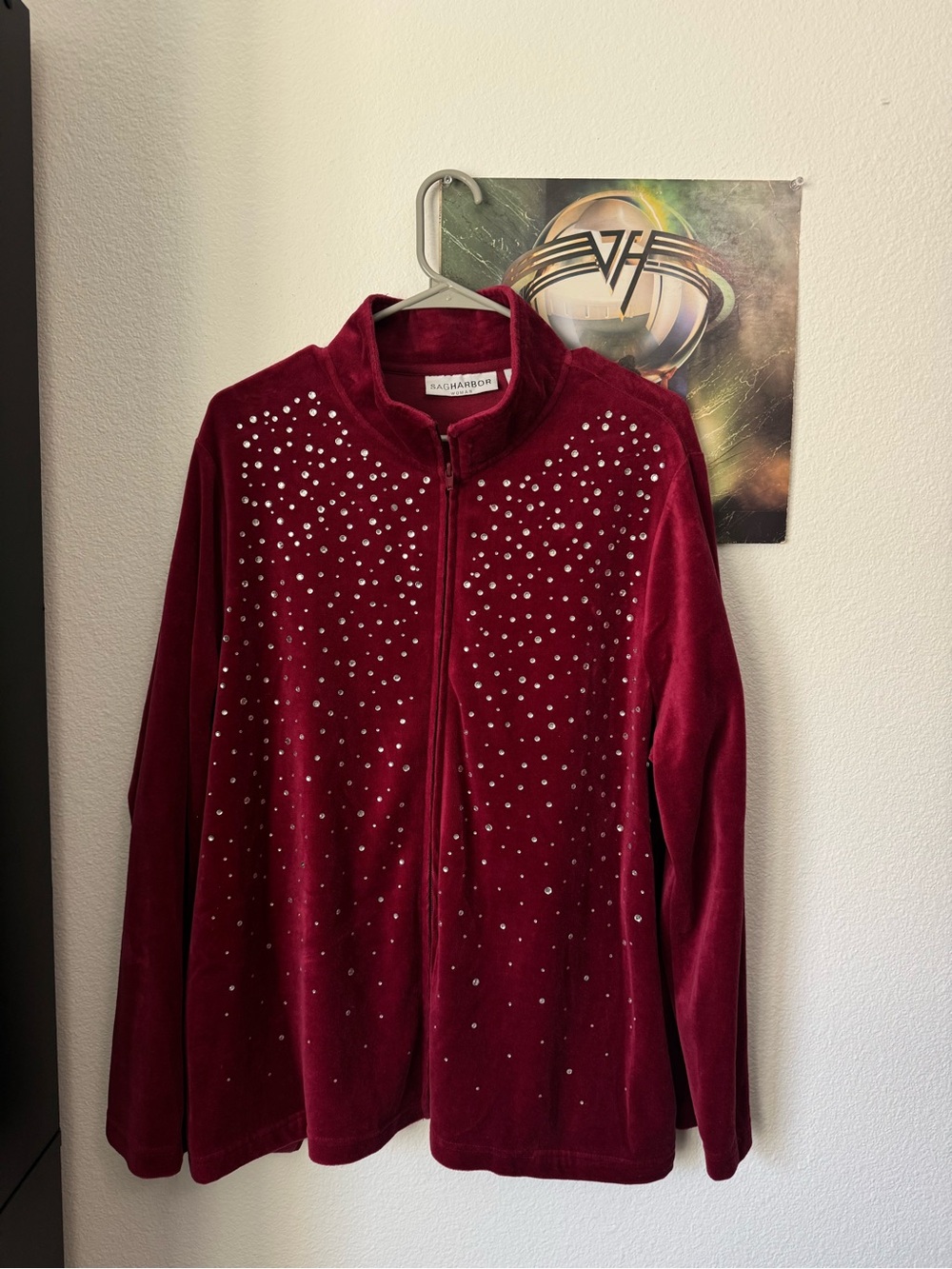 Sag Harbor Velvet Zip-Front Jacket in Deep Wine with Stud Accents